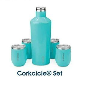 Uline Branded - Corkcicle 60 oz Canteen w/ 4 Stemless Wine Glass Set - Turquoise